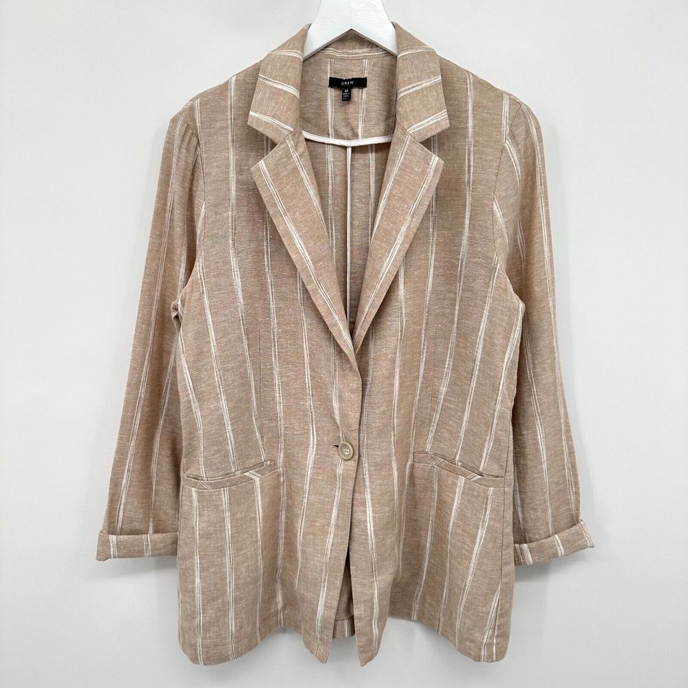 Drew Blazer Jacket‎ Size Medium Linen Blend Sand Stripe Single Button Pockets